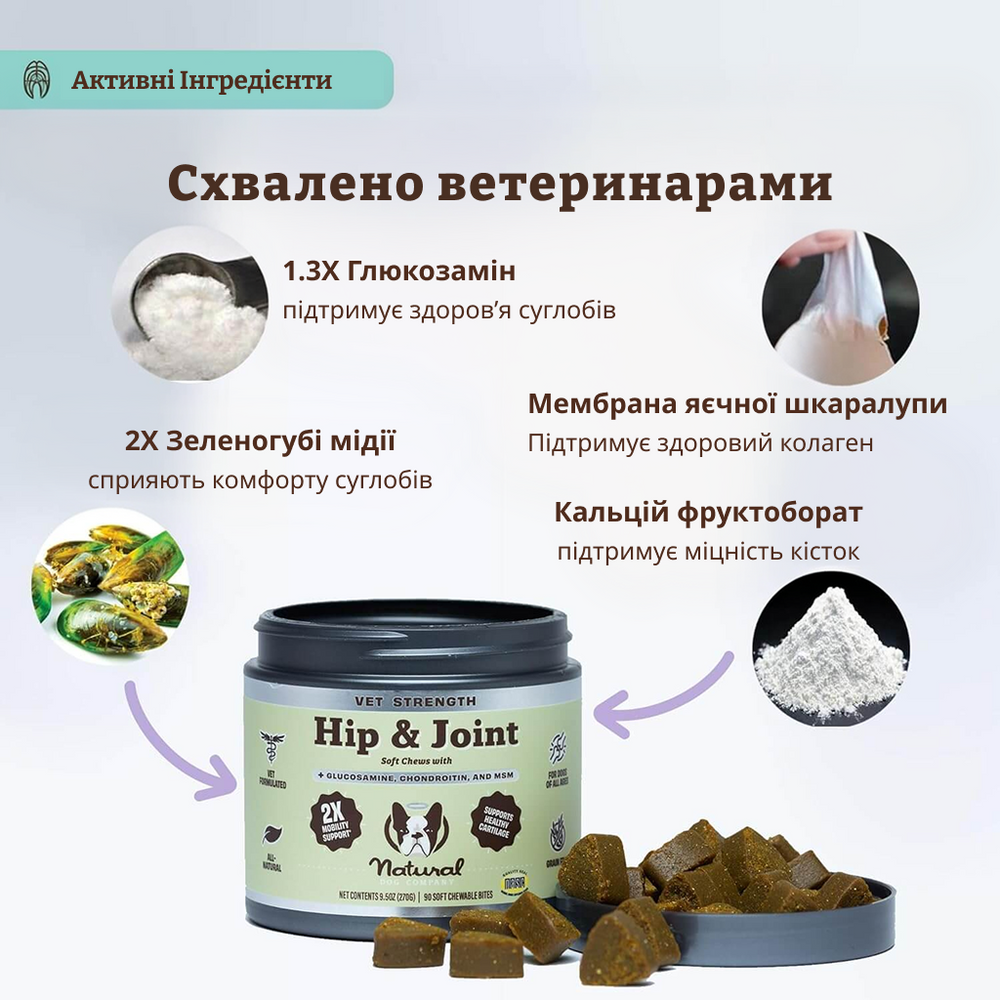Ветеринарна добавка для суглобів та зв'язок Vet Strength Hip&Joint Natural Dog Company 90 шт